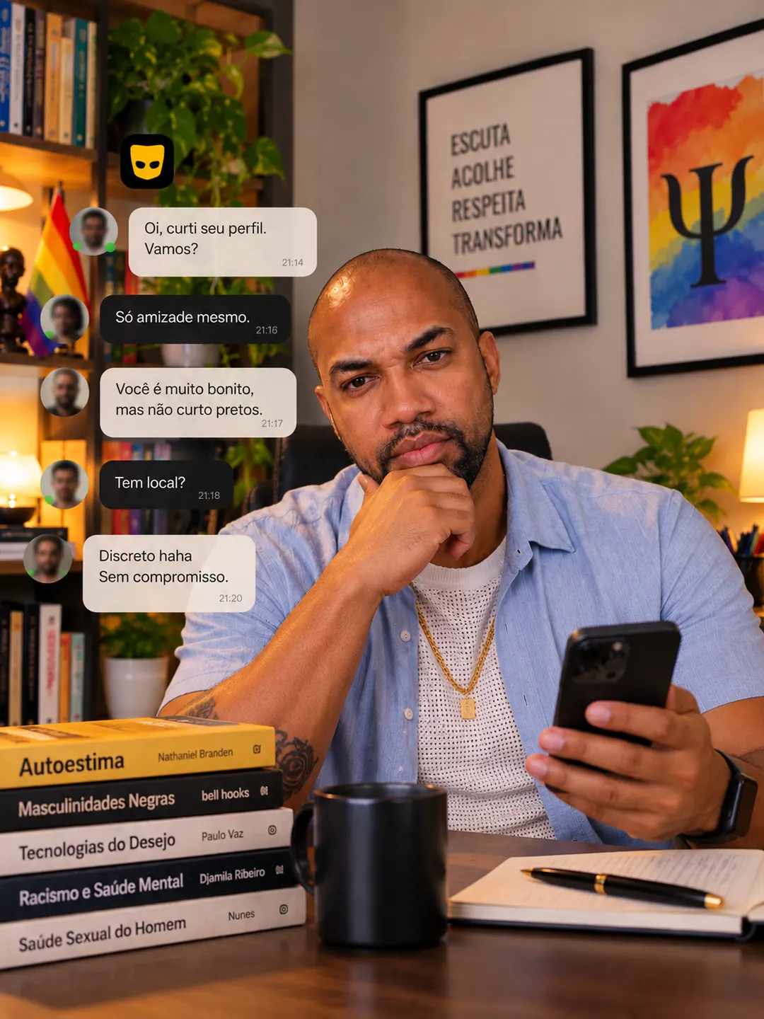 Homem negro olhando o celular com mensagens de aplicativo, ilustrando o artigo sobre racismo nos aplicativos gays