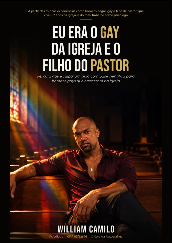 Capa do e-book Eu era o gay da igreja e o filho do pastor, de William Camilo: homem negro sentado num banco de igreja sob a luz de um vitral